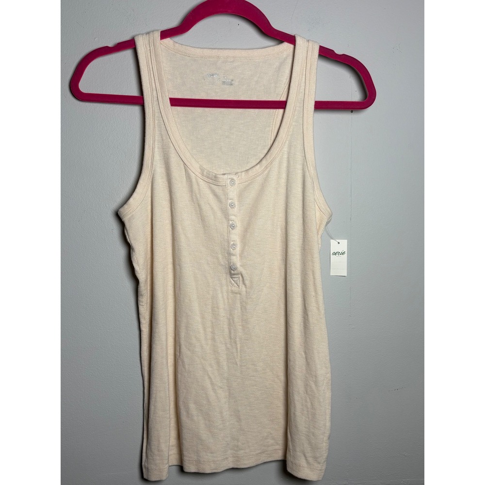 Aerie Henley Ribbed Tank Cream Layering Capsule Fall Wardrobe Large NEW